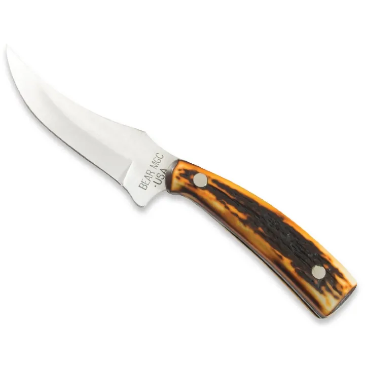 7 1/4" STAG DELRIN UPSWEPT SKINNER WITH LEATHER SHEATH