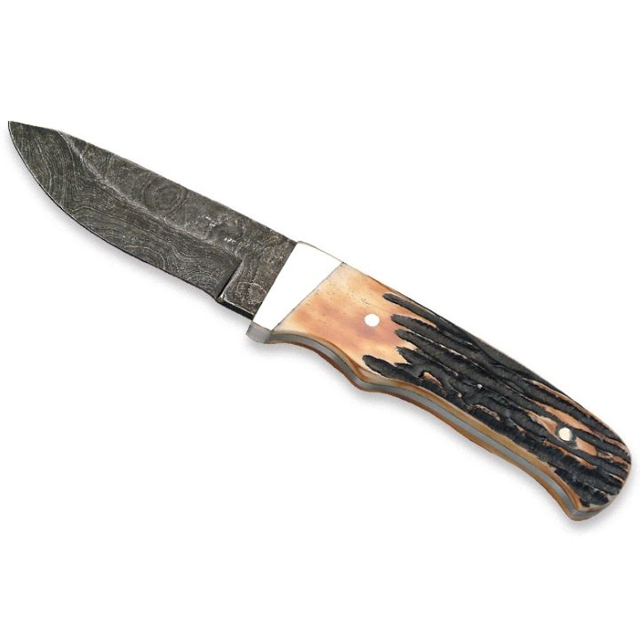 Bear & Son 7 7/8" Genuine India Stag Bone Pro Skinner with Leather Sheath Damascus