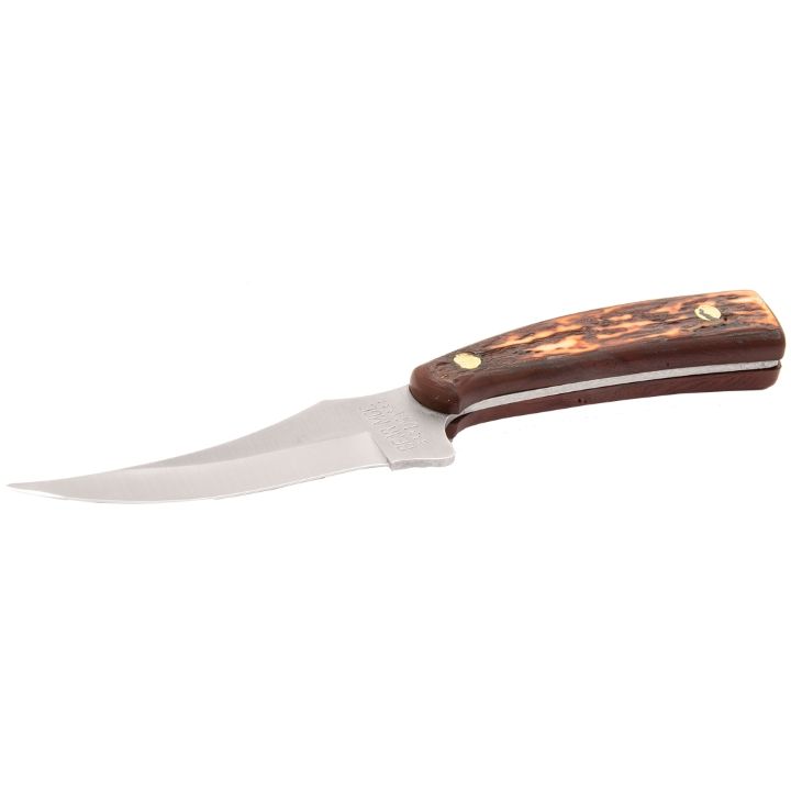 7 1/4" STAG DELRIN UPSWEPT SKINNER WITH LEATHER SHEATH