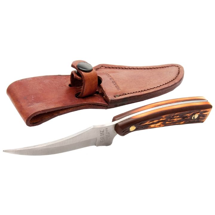 7 1/4" STAG DELRIN UPSWEPT SKINNER WITH LEATHER SHEATH